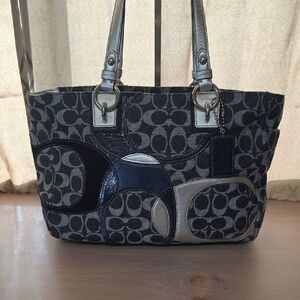 Coach Signature Navy Blue and Silver Tote
